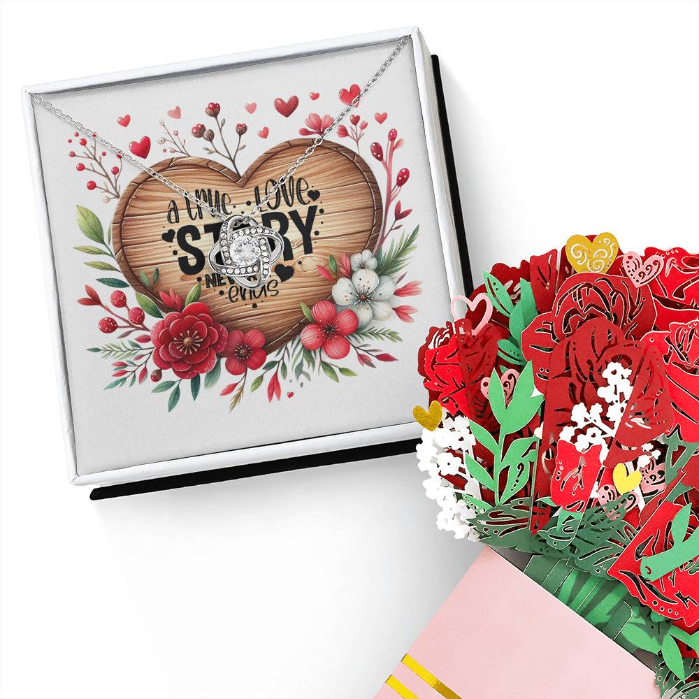 11. A True Love Story Never Ends - Love Knot Necklace And Sweet Devotion Flower Bouquet Bundle