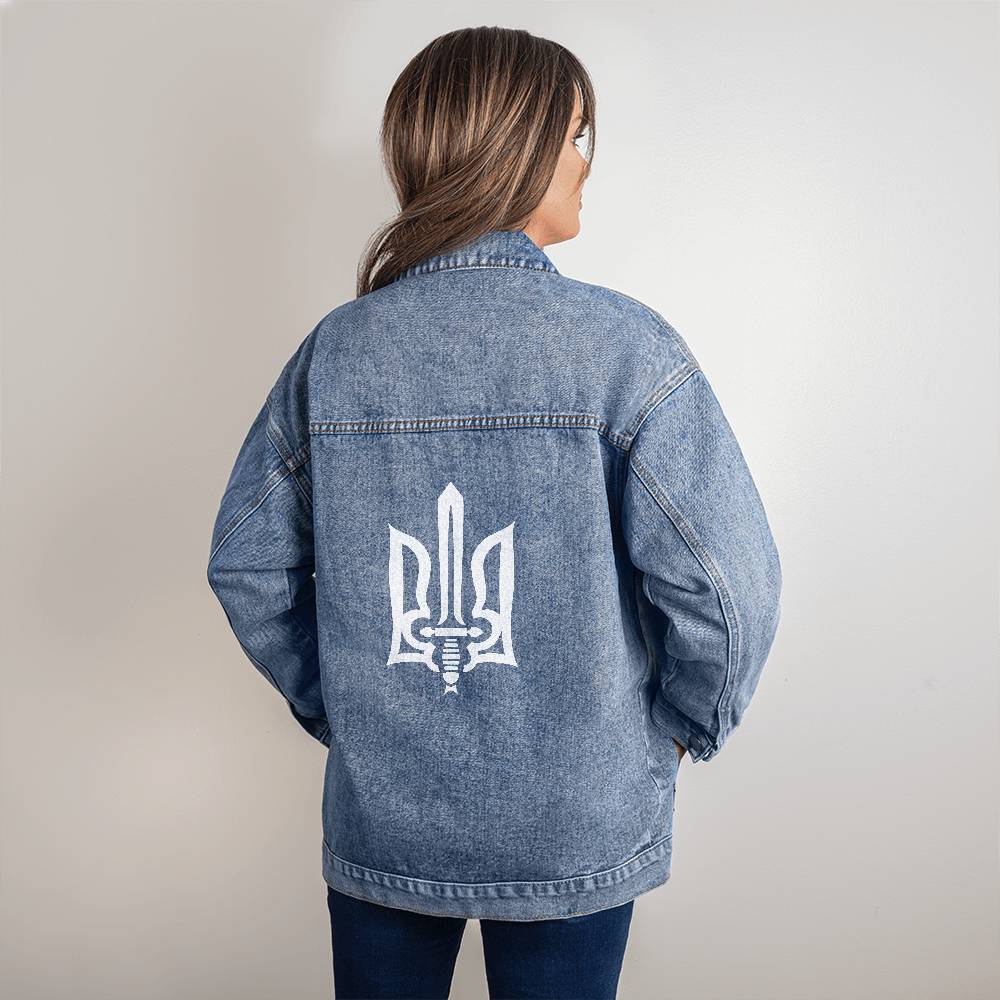 Stylized Tryzub (White) - Oversized Women's DTG Denim Jacket