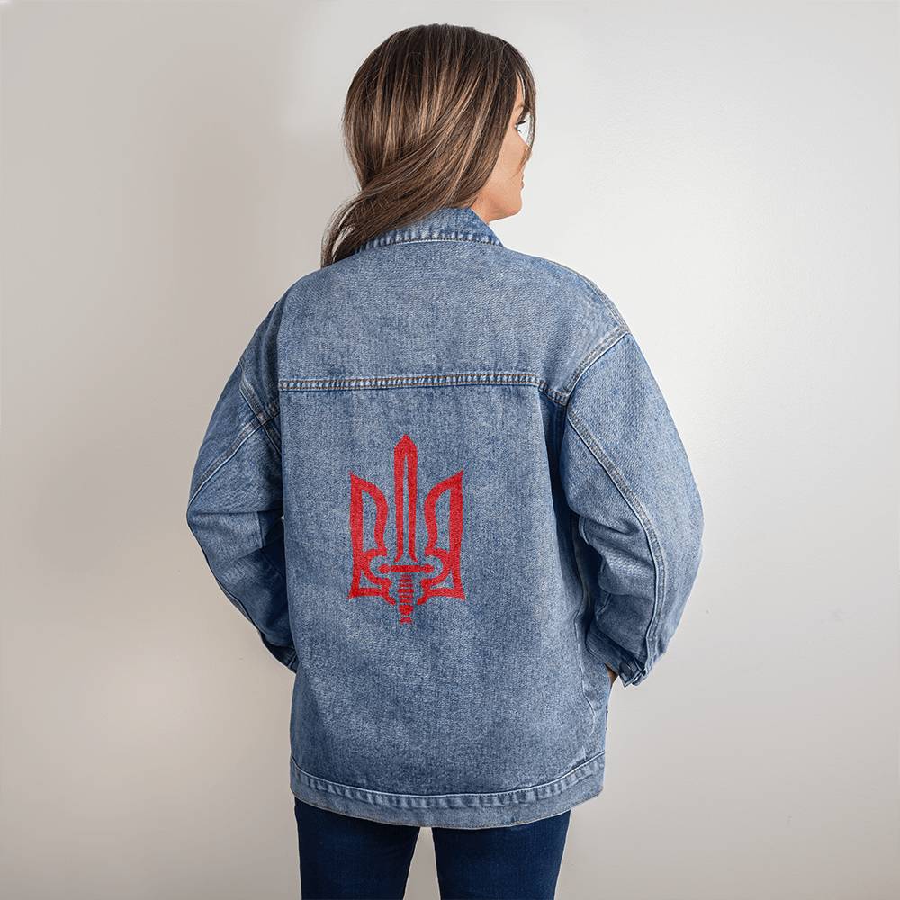 Stylized Tryzub (Red) - Oversized Women's DTG Denim Jacket
