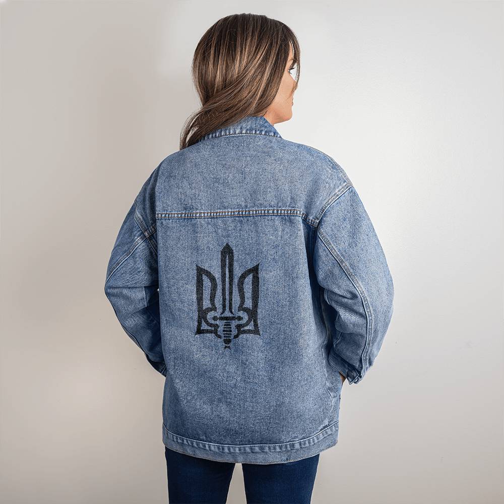 Stylized Tryzub (Black) - Oversized Women's DTG Denim Jacket
