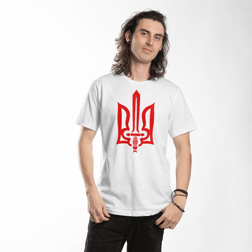 Stylized Tryzub (Red) - White Bella + Canvas 3001 Unisex T-Shirt