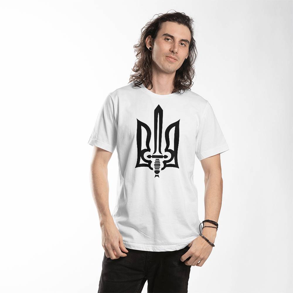 Stylized Tryzub (Black) - White Bella + Canvas 3001 Unisex T-Shirt