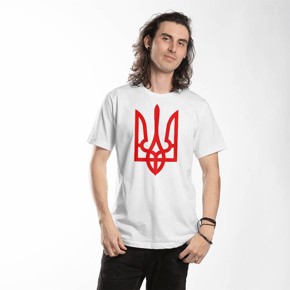 Tryzub (Red) - White Bella + Canvas 3001 Unisex T-Shirt