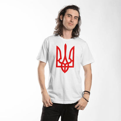 Tryzub (Red) - White Bella + Canvas 3001 Unisex T-Shirt