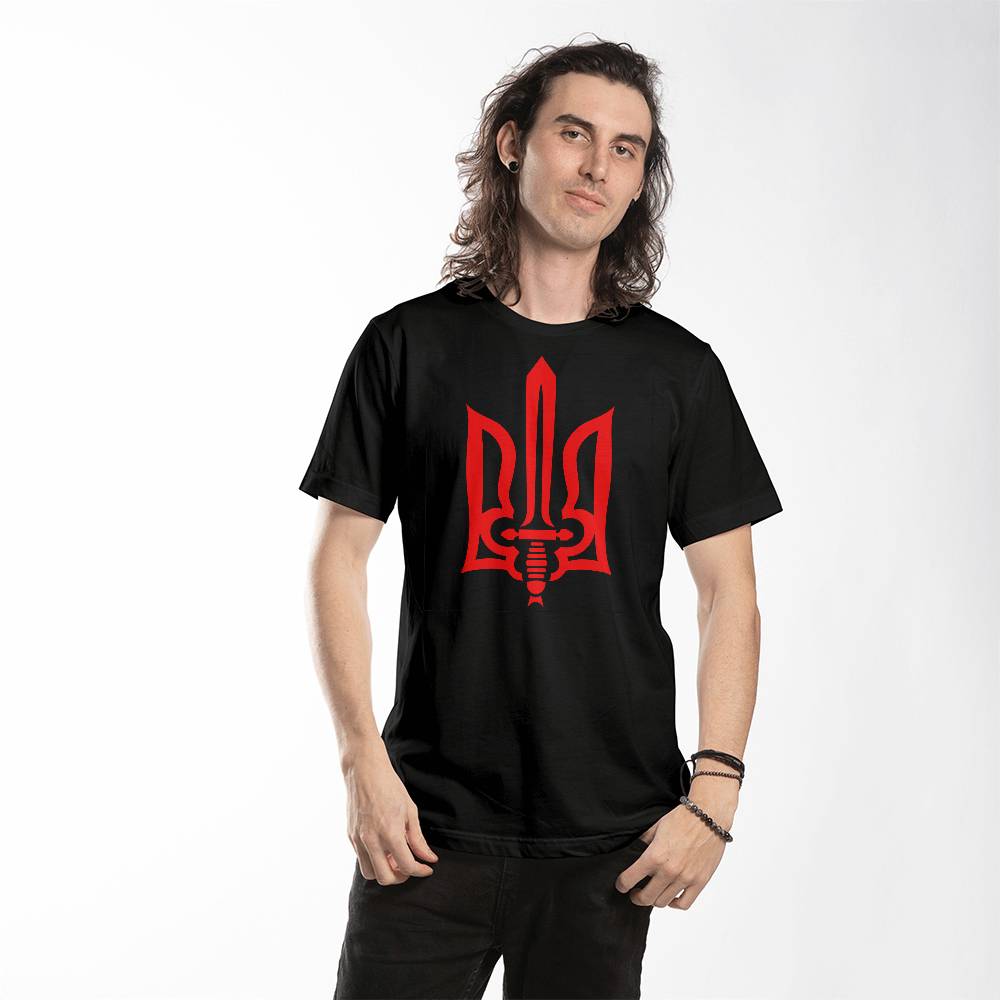 Stylized Tryzub (Red) - Black Bella + Canvas 3001 Unisex T-Shirt
