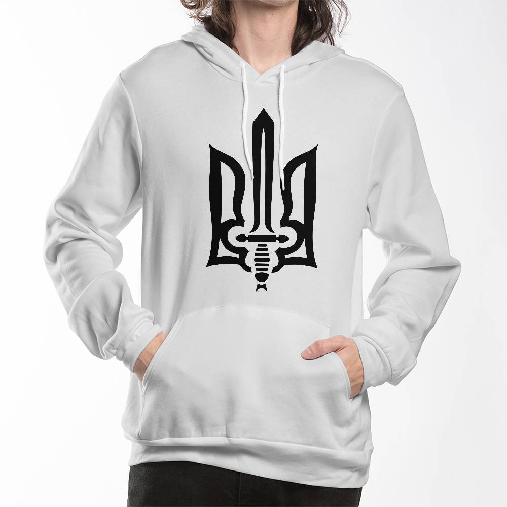 Stylized Tryzub (Black) - White Bella + Canvas 3719 Unisex Pullover Hoodie