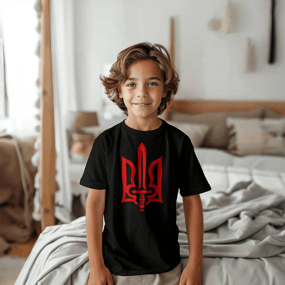 Stylized Tryzub (Red) - Black Bella + Canvas 3001Y Unisex Youth T-Shirt