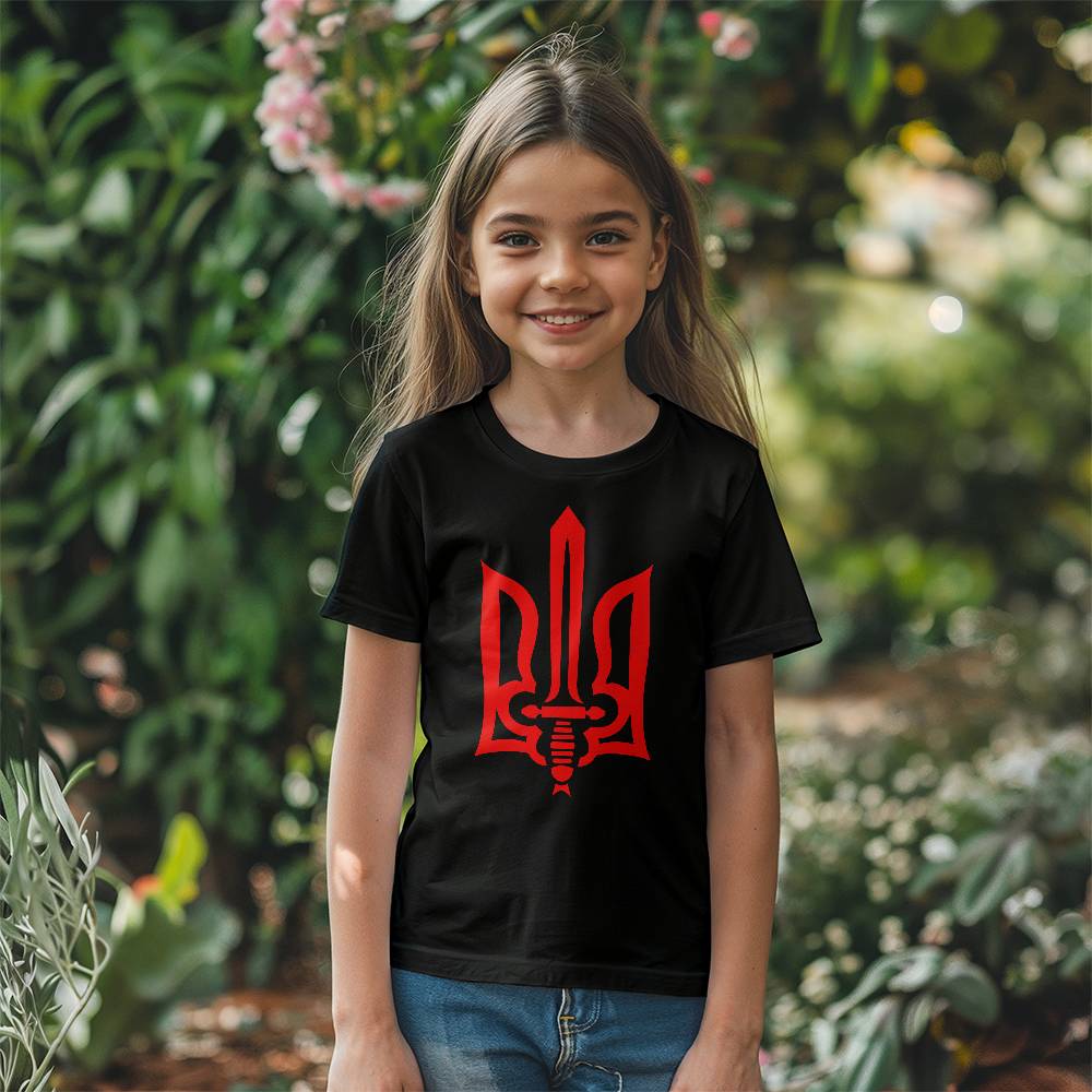 Stylized Tryzub (Red) - Black Bella + Canvas 3001Y Unisex Youth T-Shirt
