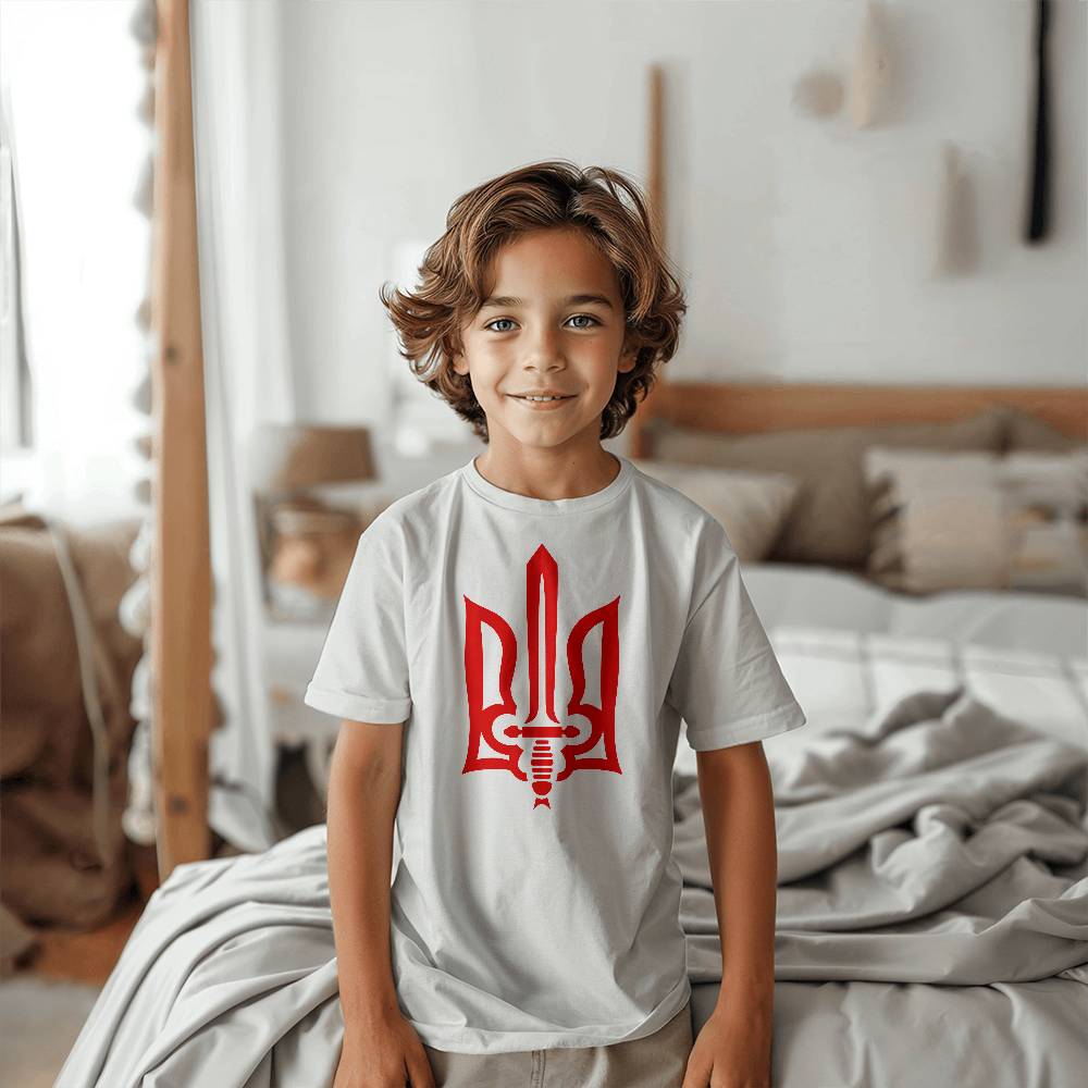 Stylized Tryzub (Red) - White Bella + Canvas 3001Y Unisex Youth T-Shirt
