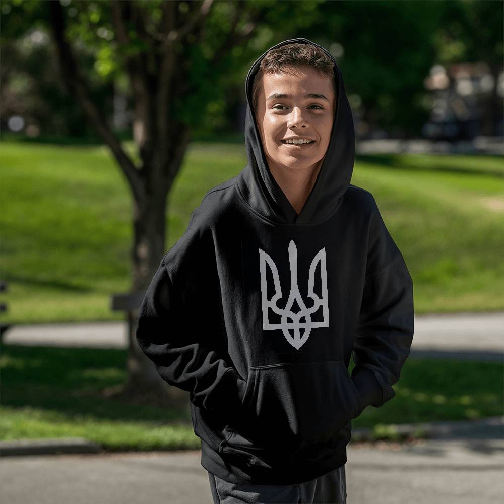 Tryzub (White) - Black Bella + Canvas 3719Y Unisex Youth Pullover Hoodie
