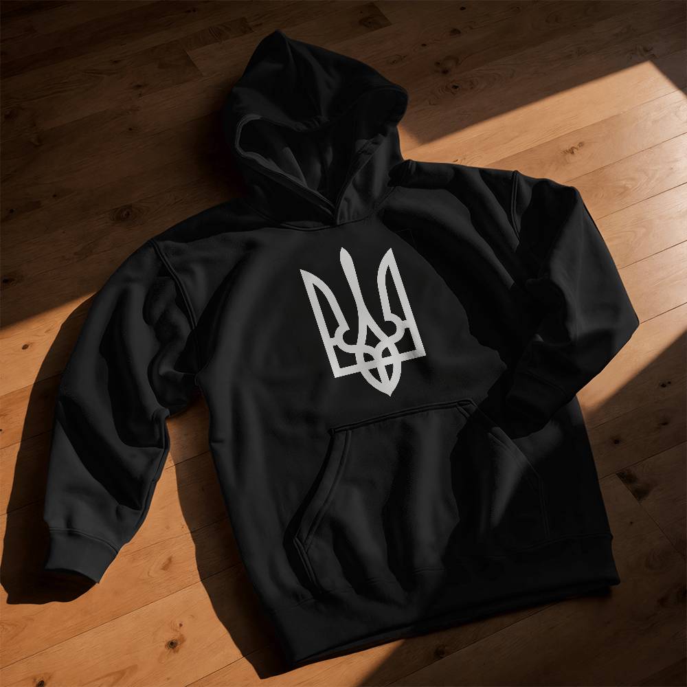 Tryzub (White) - Black Bella + Canvas 3719Y Unisex Youth Pullover Hoodie