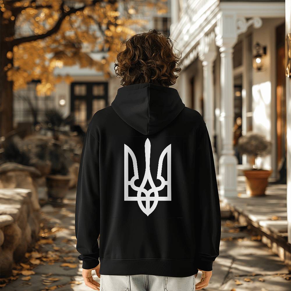 Tryzub (White) v2 - Black Bella + Canvas 3719 Unisex Pullover Hoodie