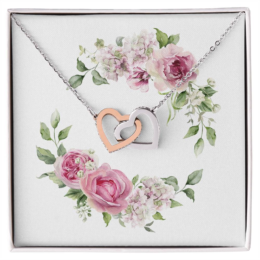 Watercolor Pink Floral Frame 2 - Interlocking Hearts Necklace