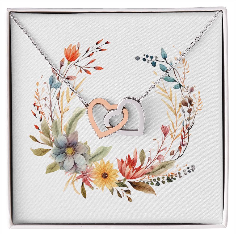 Boho Flowers Wreath Watercolor 17 - Interlocking Hearts Necklace