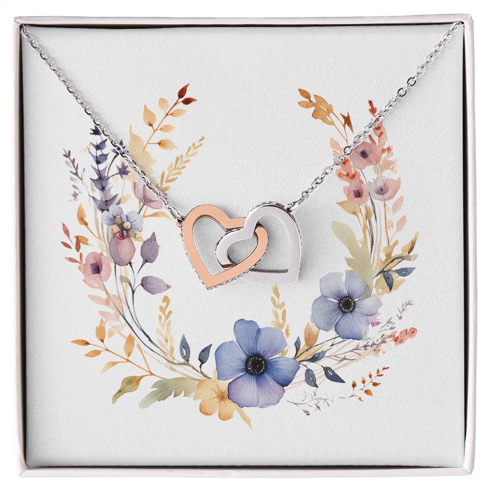 Boho Flowers Wreath Watercolor 02 - Interlocking Hearts Necklace