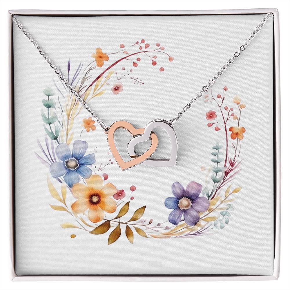 Boho Flowers Wreath Watercolor 11 - Interlocking Hearts Necklace