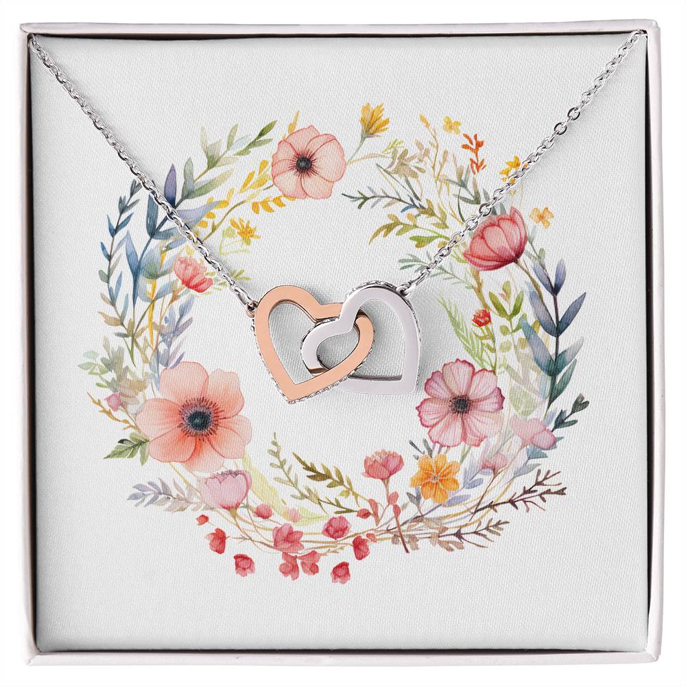 Boho Flowers Wreath Watercolor 01 - Interlocking Hearts Necklace