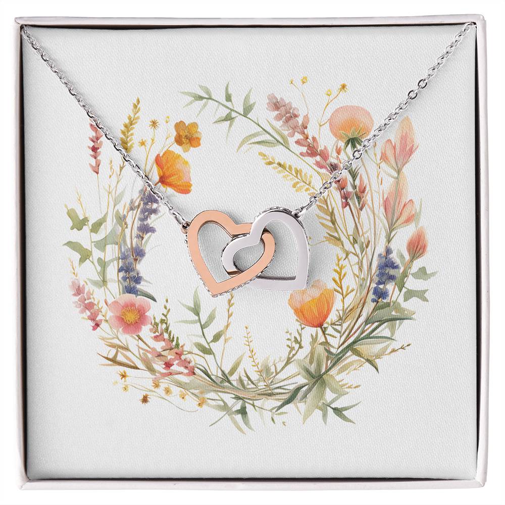 Boho Flowers Wreath Watercolor 09 - Interlocking Hearts Necklace