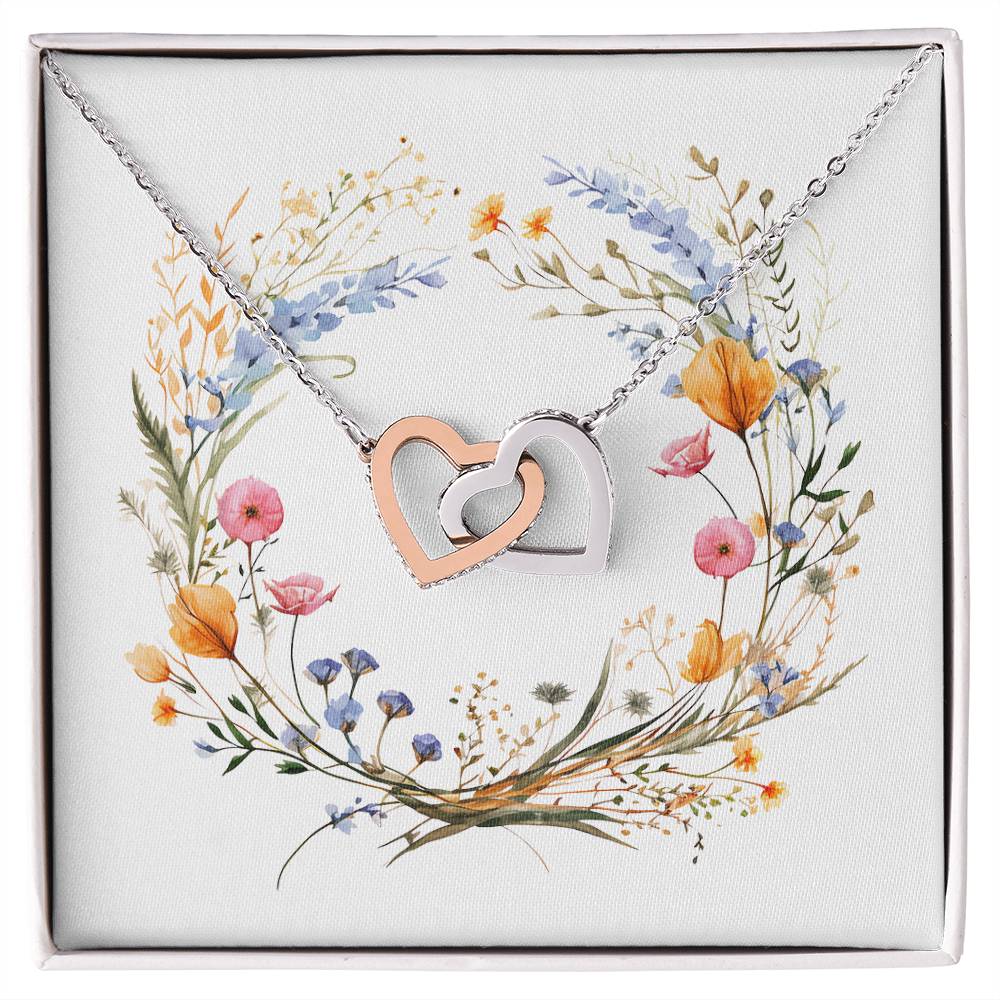 Boho Flowers Wreath Watercolor 15 - Interlocking Hearts Necklace