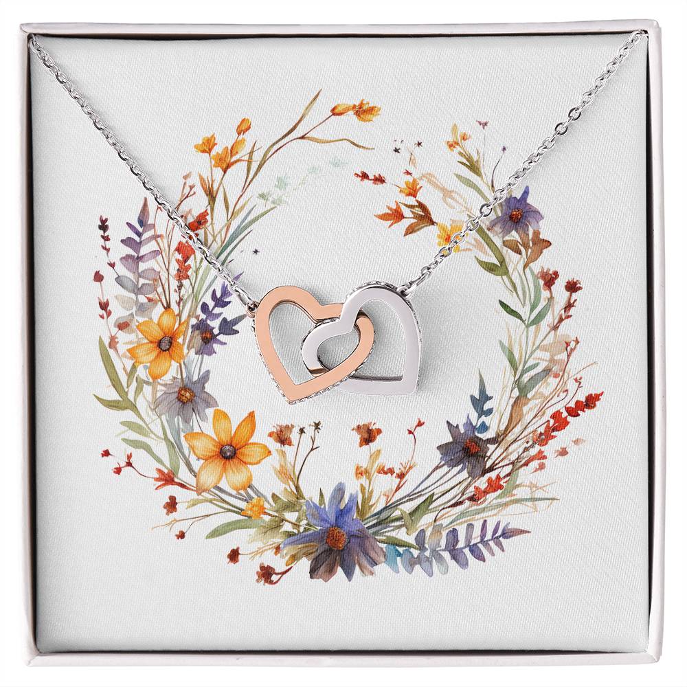 Boho Flowers Wreath Watercolor 14 - Interlocking Hearts Necklace