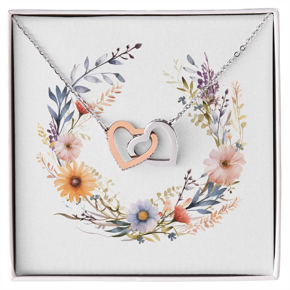 Boho Flowers Wreath Watercolor 19 - Interlocking Hearts Necklace