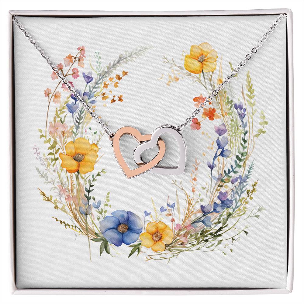 Boho Flowers Wreath Watercolor 12 - Interlocking Hearts Necklace