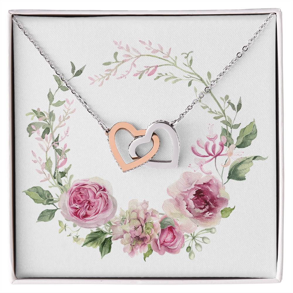 Watercolor Pink Floral Frame 1 - Interlocking Hearts Necklace