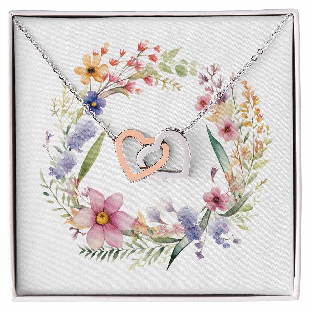 Boho Flowers Wreath Watercolor 07 - Interlocking Hearts Necklace