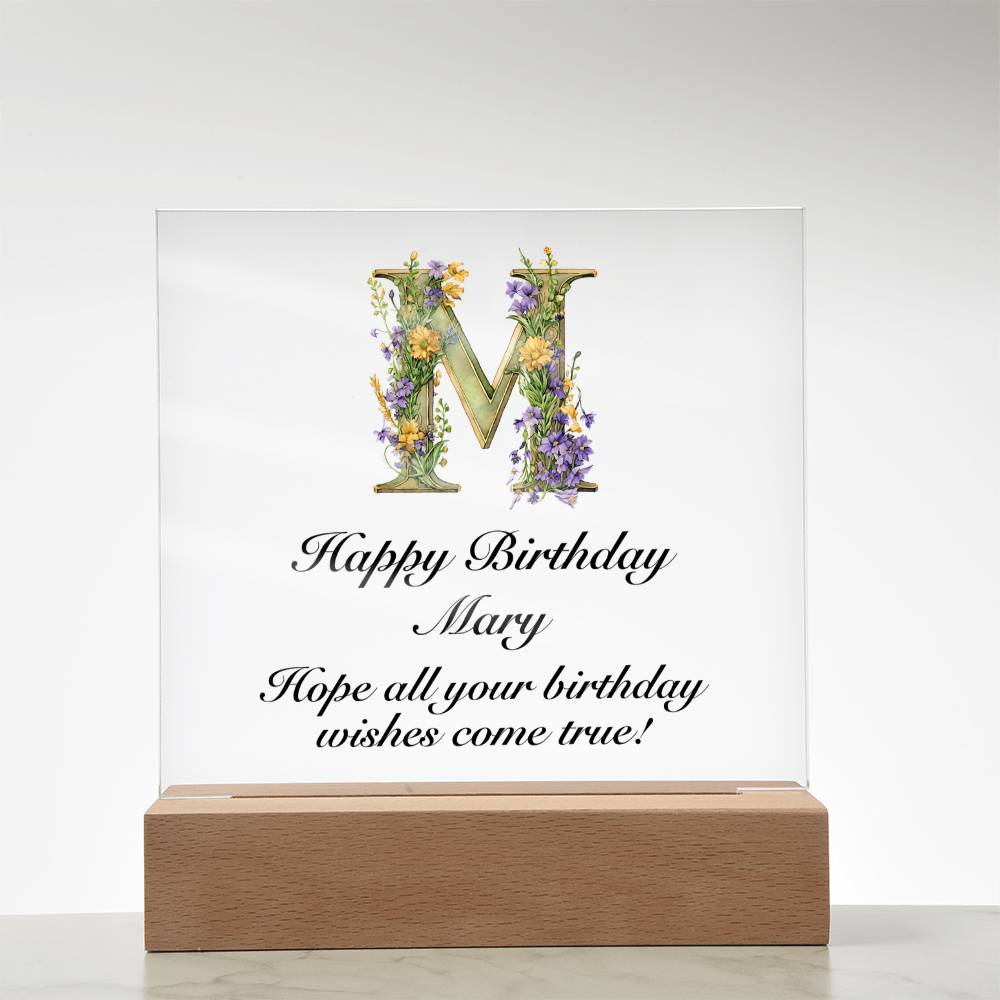 Happy Birthday Mary (Lavender Flowers) - Square Acrylic Plaque With LED Base