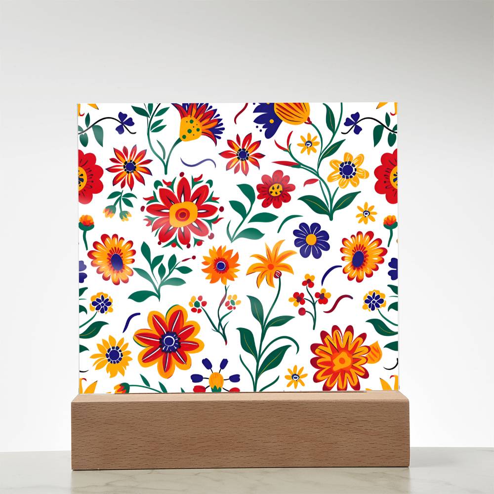 Mexican Floral Fiesta Pattern 024 - Square Acrylic Plaque With LED Base