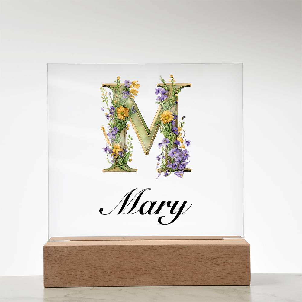 Mary (Lavender Flowers) - Square Acrylic Plaque With LED Base
