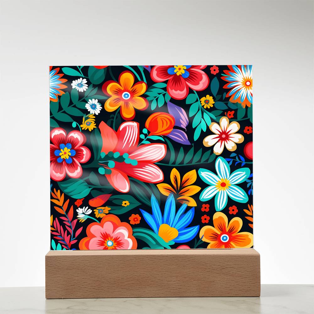 Mexican Floral Fiesta Pattern 054 - Square Acrylic Plaque With LED Base
