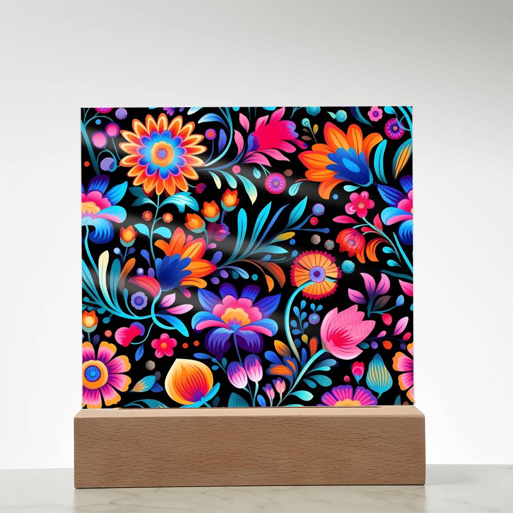 Mexican Floral Fiesta Pattern 057 - Square Acrylic Plaque With LED Base