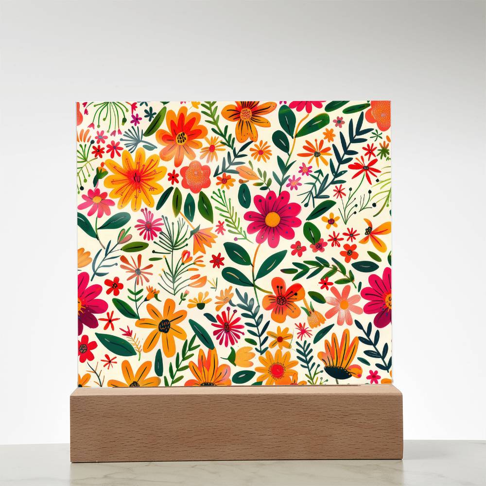 Mexican Floral Fiesta Pattern 004 - Square Acrylic Plaque With LED Base