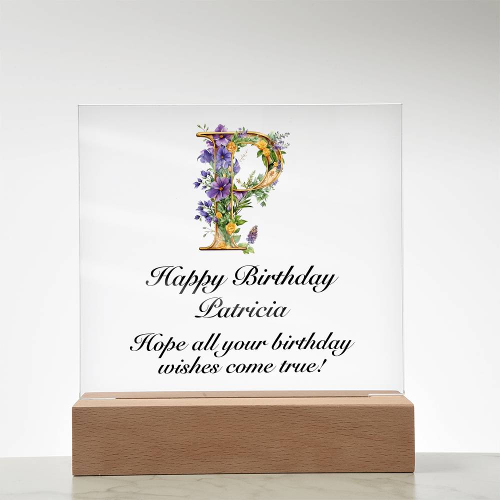 Happy Birthday Patricia (Lavender Flowers) - Square Acrylic Plaque With LED Base