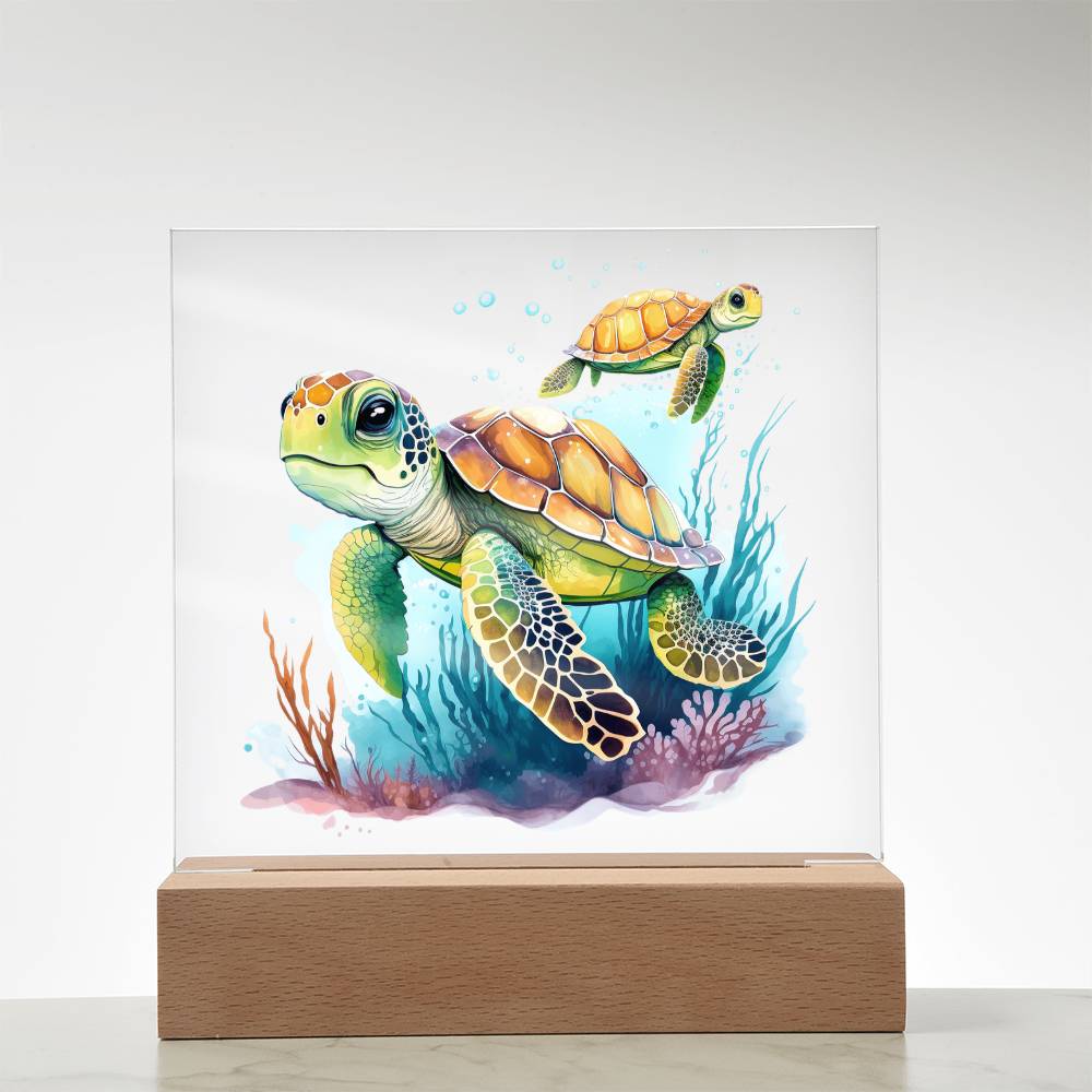 Cute Sea Turtle 008 - Square Acrylic Plaque With LED Base