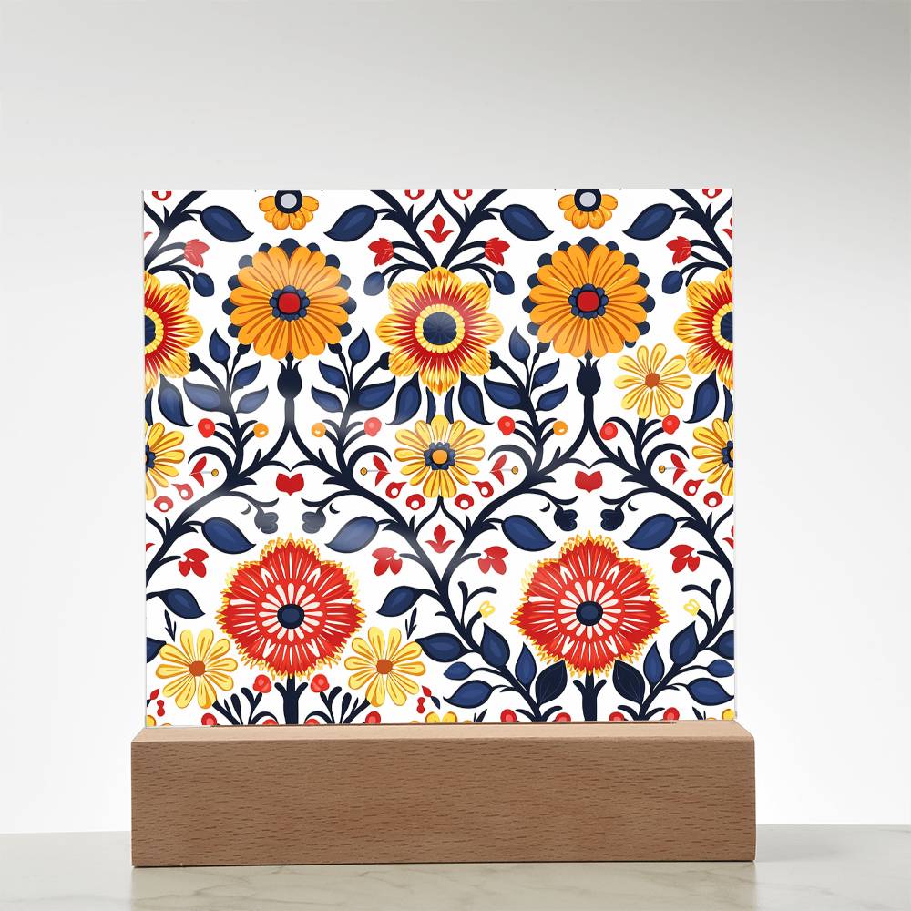 Mexican Floral Fiesta Pattern 043 - Square Acrylic Plaque With LED Base