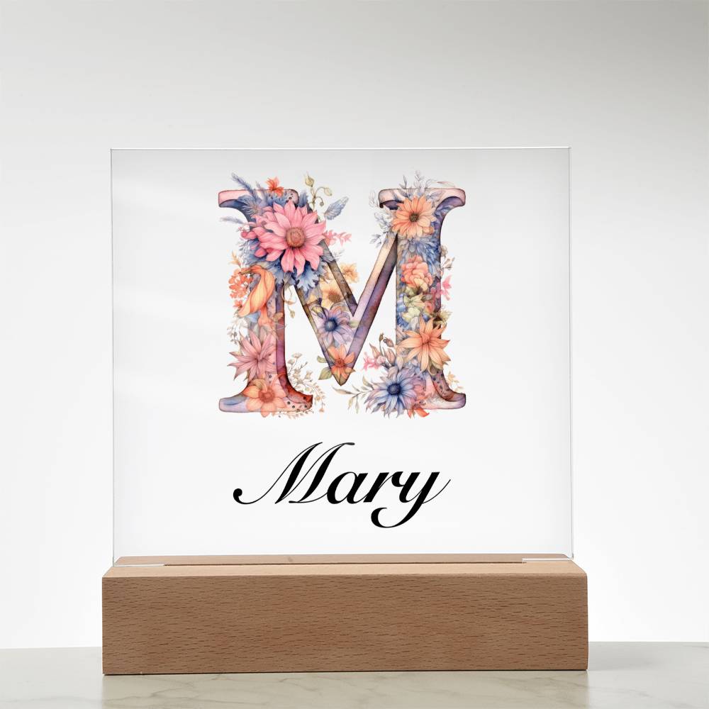 Mary (Blooming Flowers) - Square Acrylic Plaque With LED Base