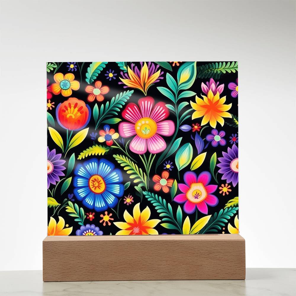 Mexican Floral Fiesta Pattern 029 - Square Acrylic Plaque With LED Base