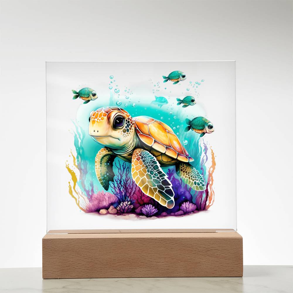 Cute Sea Turtle 002 - Square Acrylic Plaque With LED Base
