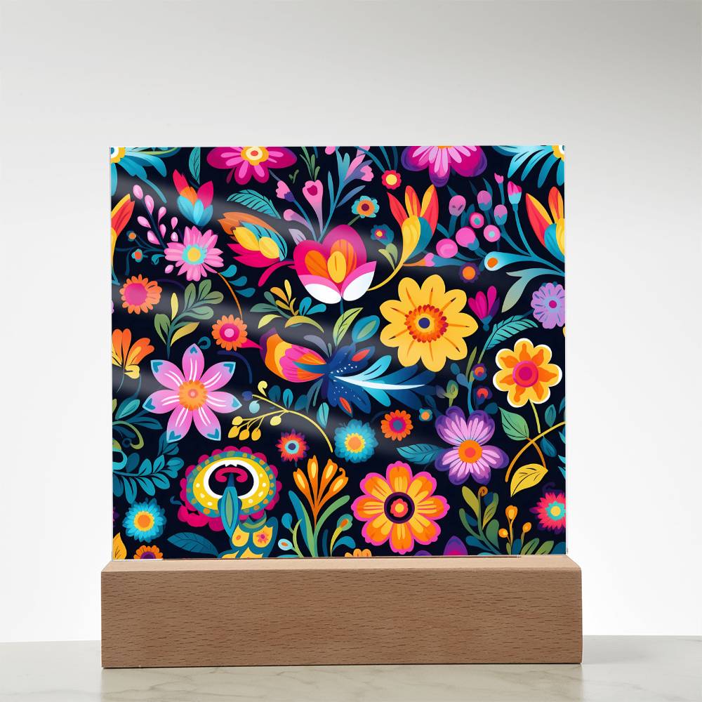 Mexican Floral Fiesta Pattern 055 - Square Acrylic Plaque With LED Base
