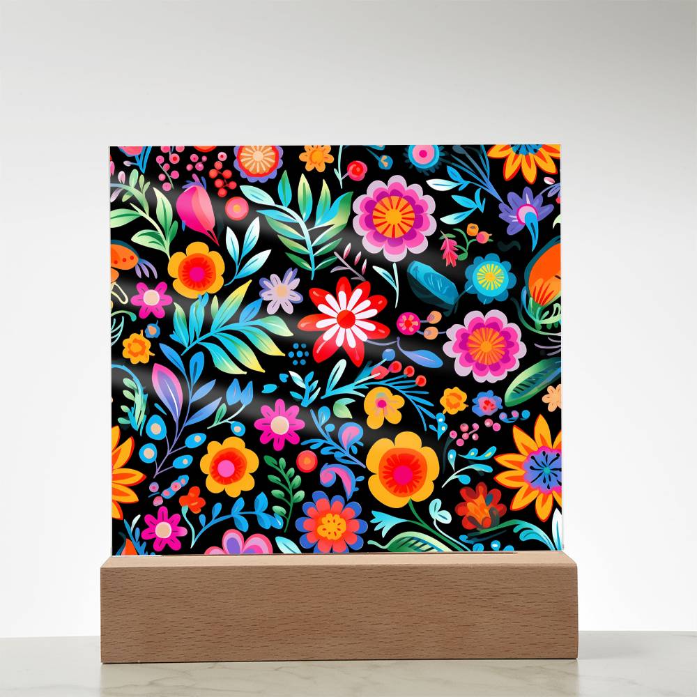 Mexican Floral Fiesta Pattern 060 - Square Acrylic Plaque With LED Base