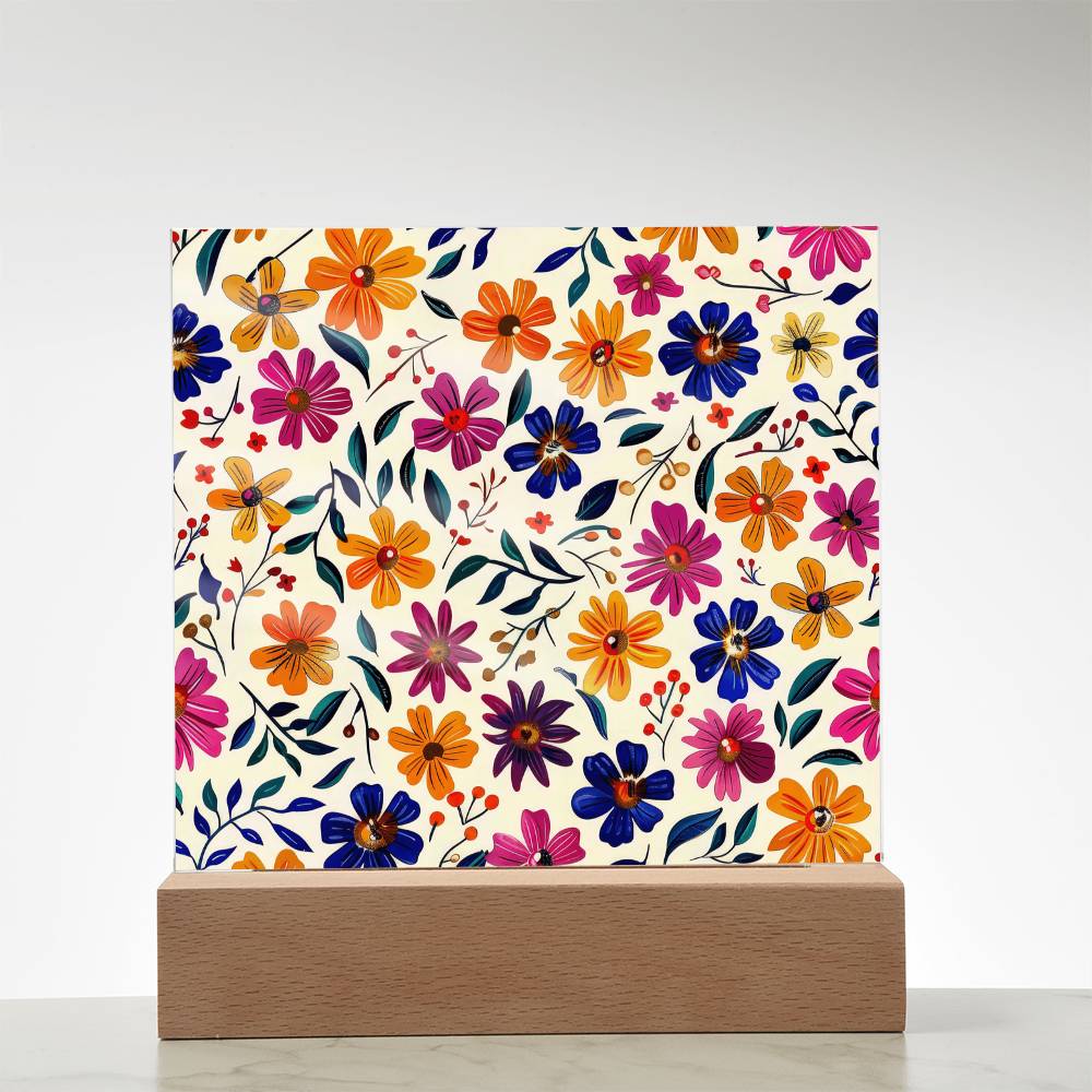 Mexican Floral Fiesta Pattern 008 - Square Acrylic Plaque With LED Base