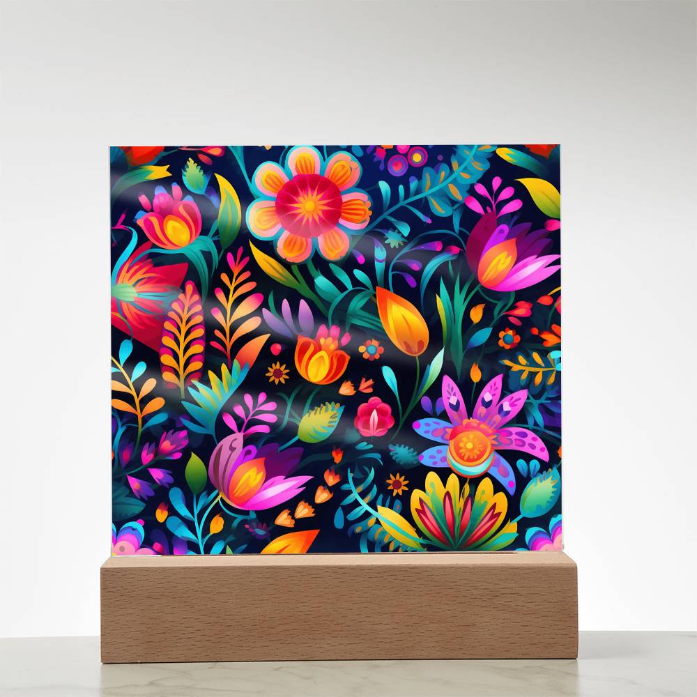 Mexican Floral Fiesta Pattern 056 - Square Acrylic Plaque With LED Base