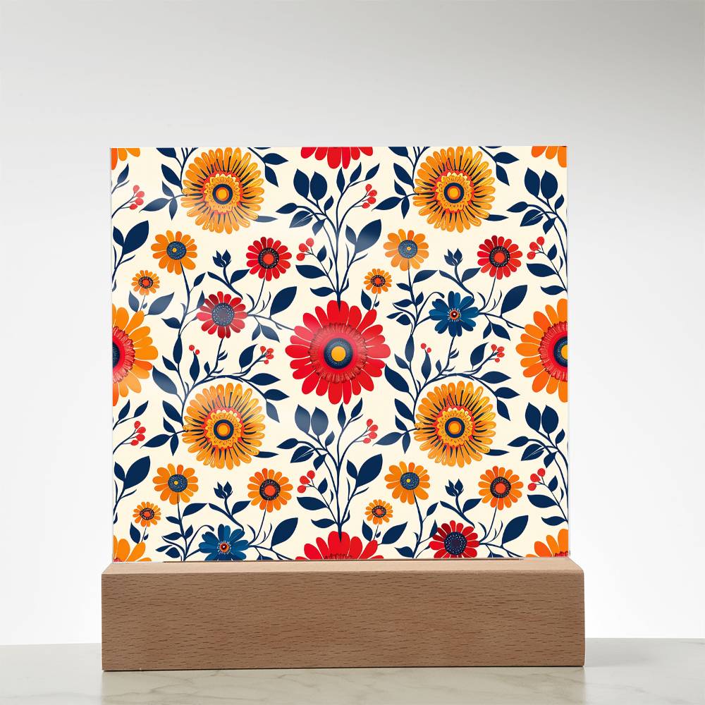 Mexican Floral Fiesta Pattern 040 - Square Acrylic Plaque With LED Base