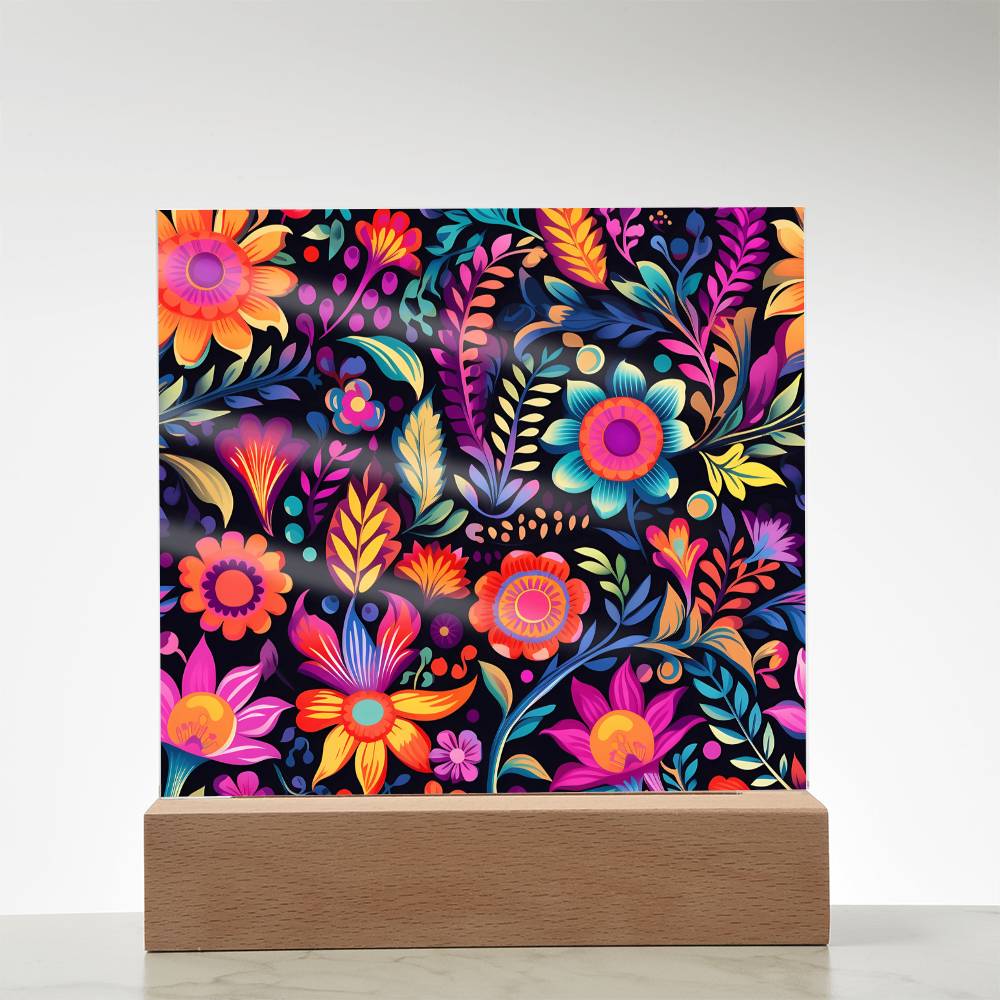Mexican Floral Fiesta Pattern 059 - Square Acrylic Plaque With LED Base