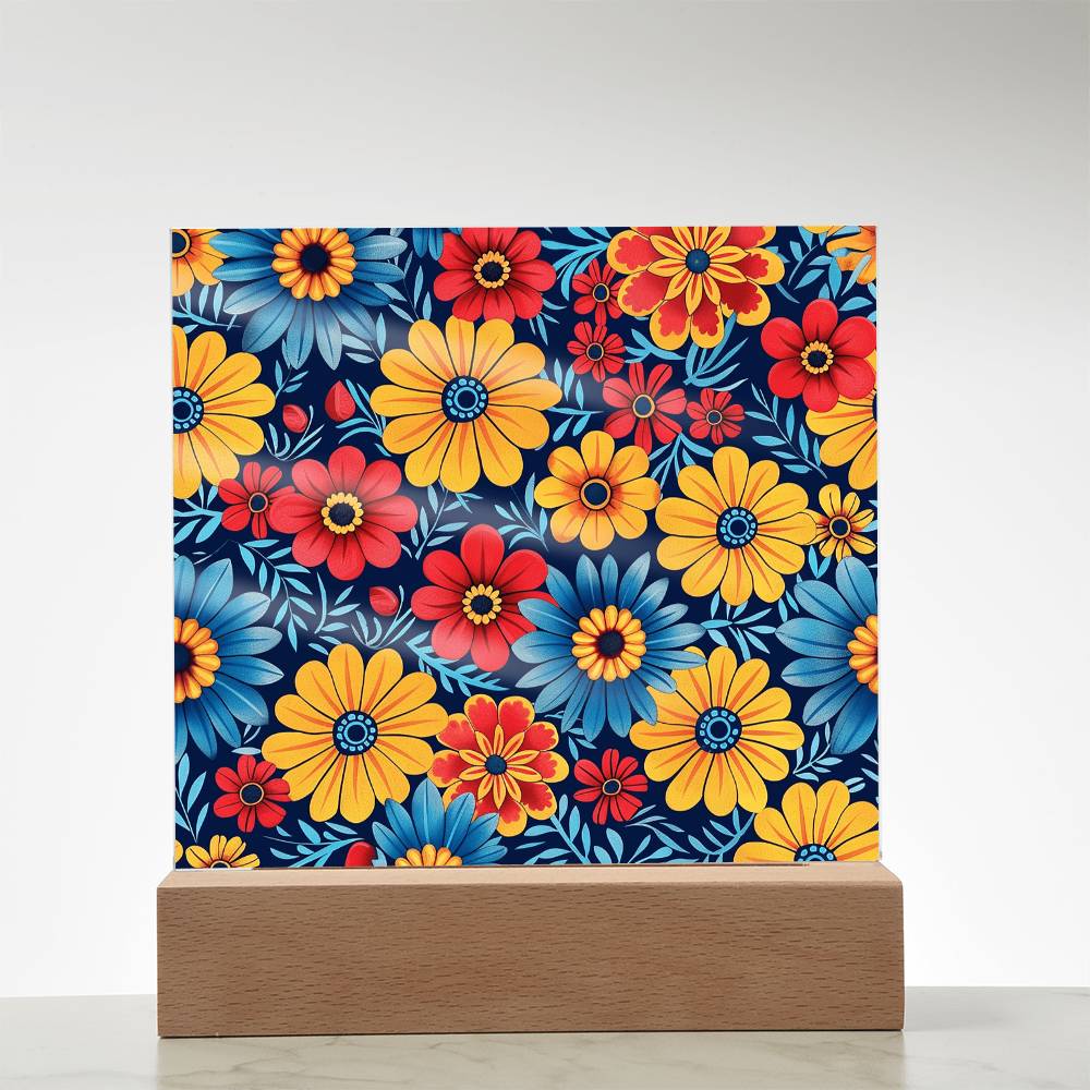 Mexican Floral Fiesta Pattern 045 - Square Acrylic Plaque With LED Base