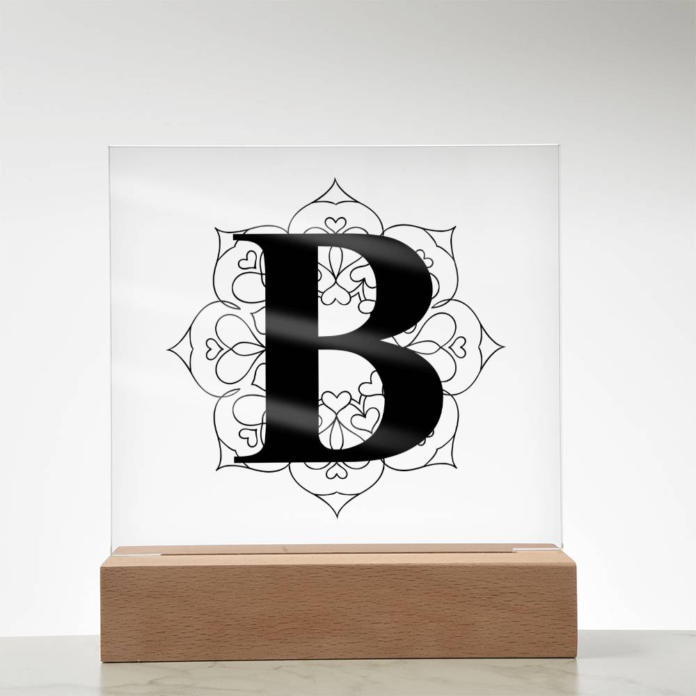 Magnolia Mandala Alphabet Letter B - Square Acrylic Plaque With LED Base