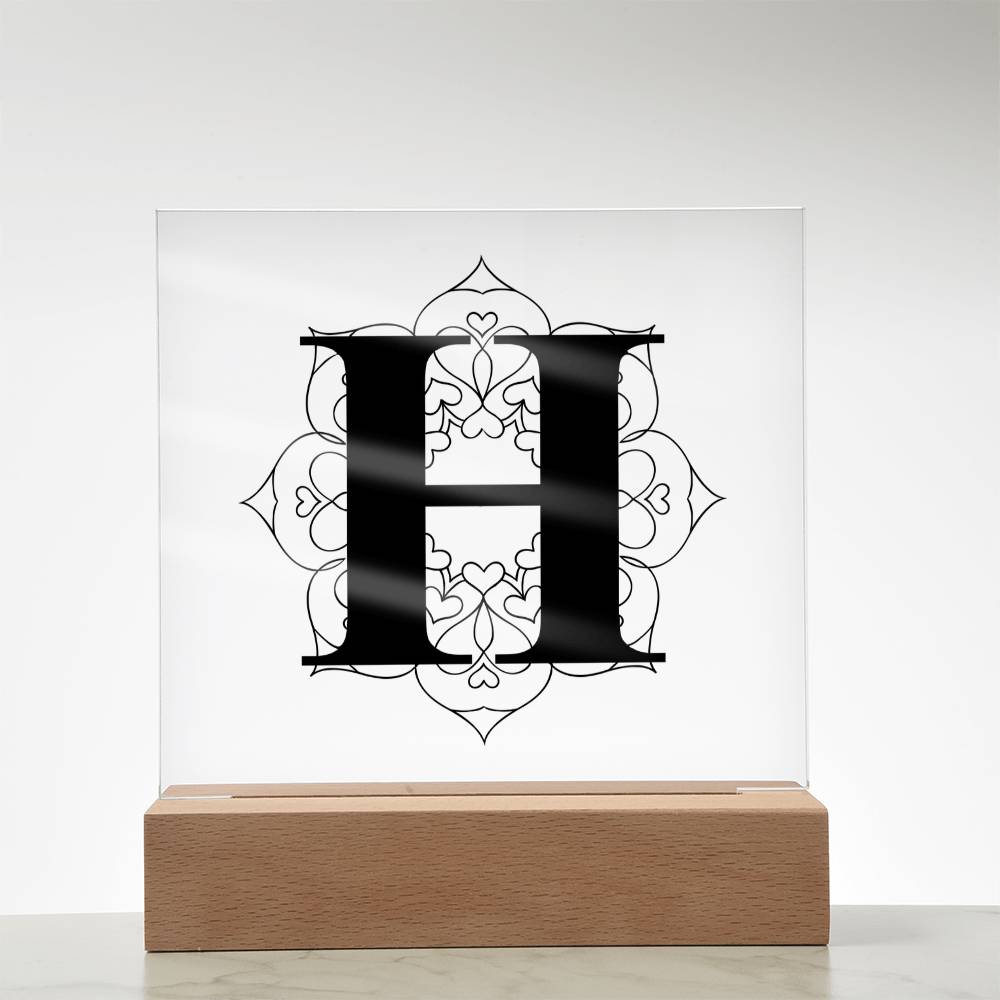 Magnolia Mandala Alphabet Letter H - Square Acrylic Plaque With LED Base