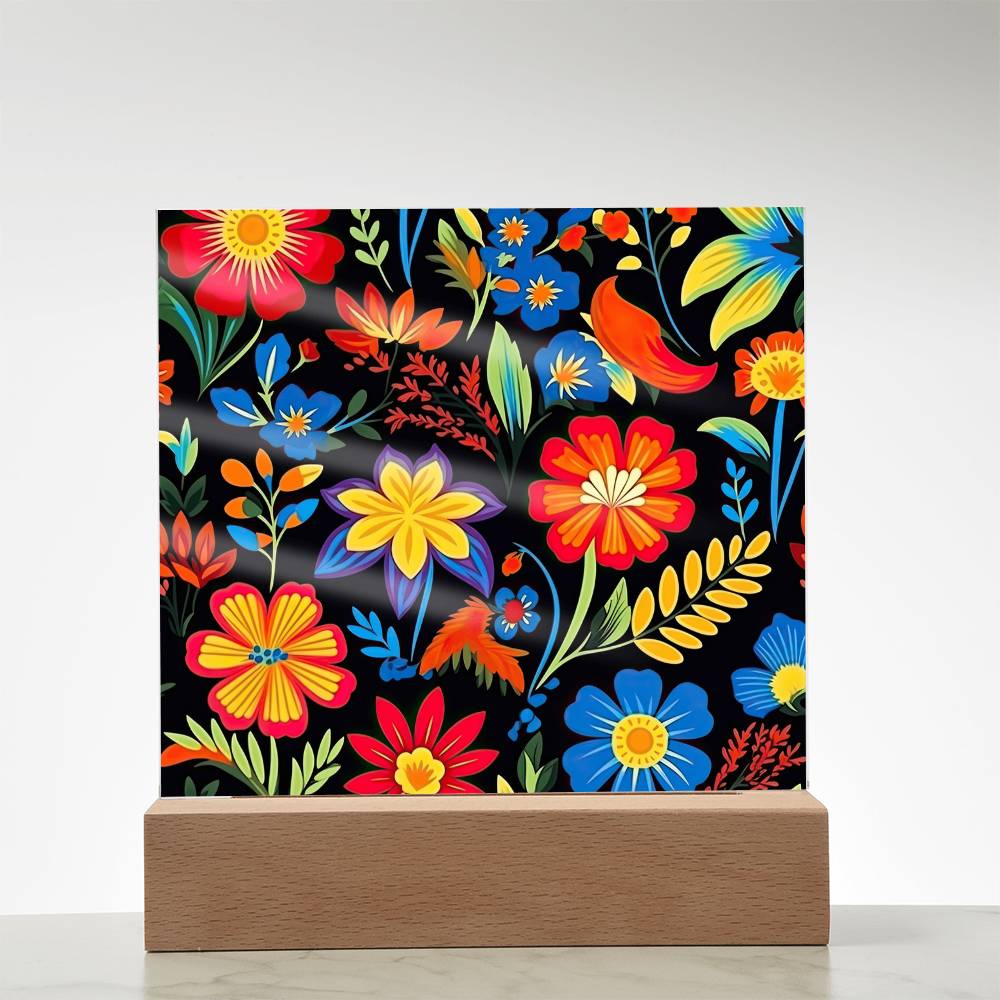 Mexican Floral Fiesta Pattern 035 - Square Acrylic Plaque With LED Base